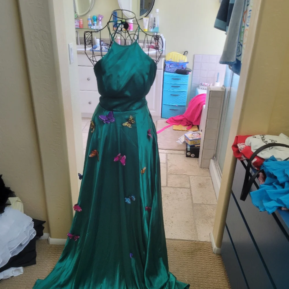 Blondie NITES Evening Gown Maxi Dress Green Satin Crossback BUTTERFLY